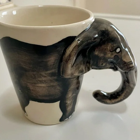 Elephant Head Unique Trunk Handle Ceramic Mug, Made in Thailand, Beige & White. - Picture 8 of 9
